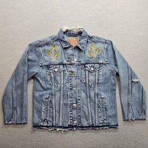 Levis Ex Boyfriend Embroidered Palm Tree Trucker Jacket Light Wash Womens Small